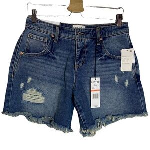 Frayed Mid Rise Midi Denim Jean Shorts Distressed Ripped Raw Hem Blue Wash 26